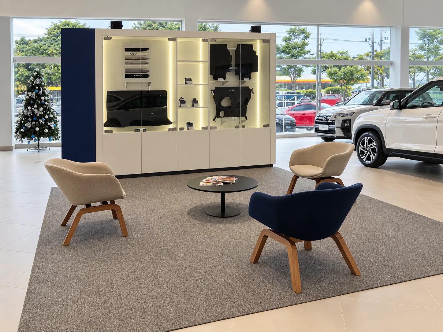 Case Requalli — lounge em concessionária com poltronas de madeira
