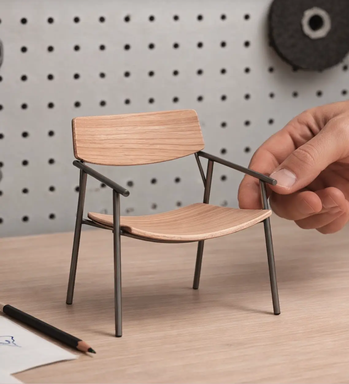 Miniatura de cadeira em desenvolvimento sobre bancada de projeto