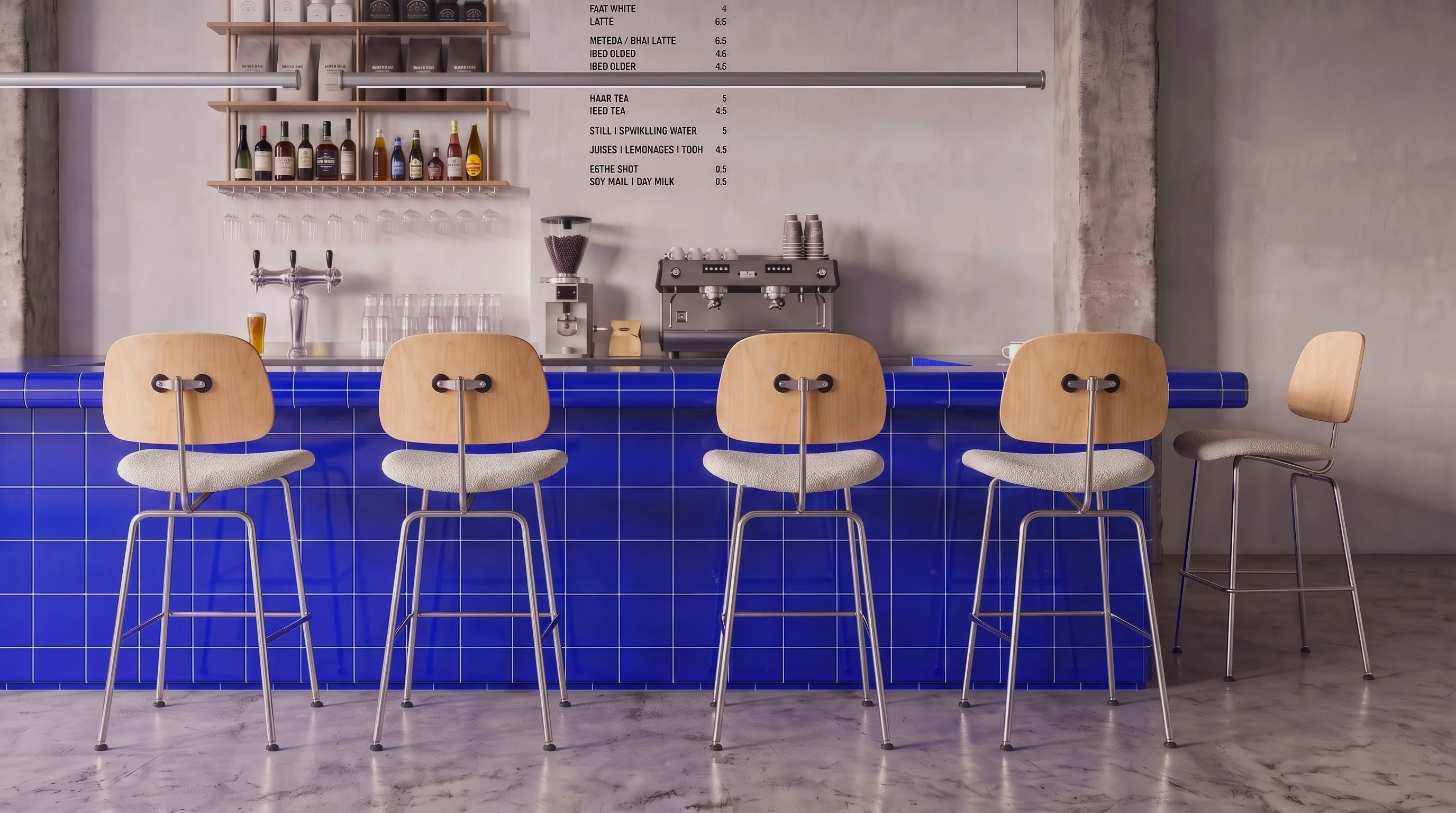 Banquetas Nômia em madeira natural e assento estofado diante de balcão azul, em bar com prateleiras