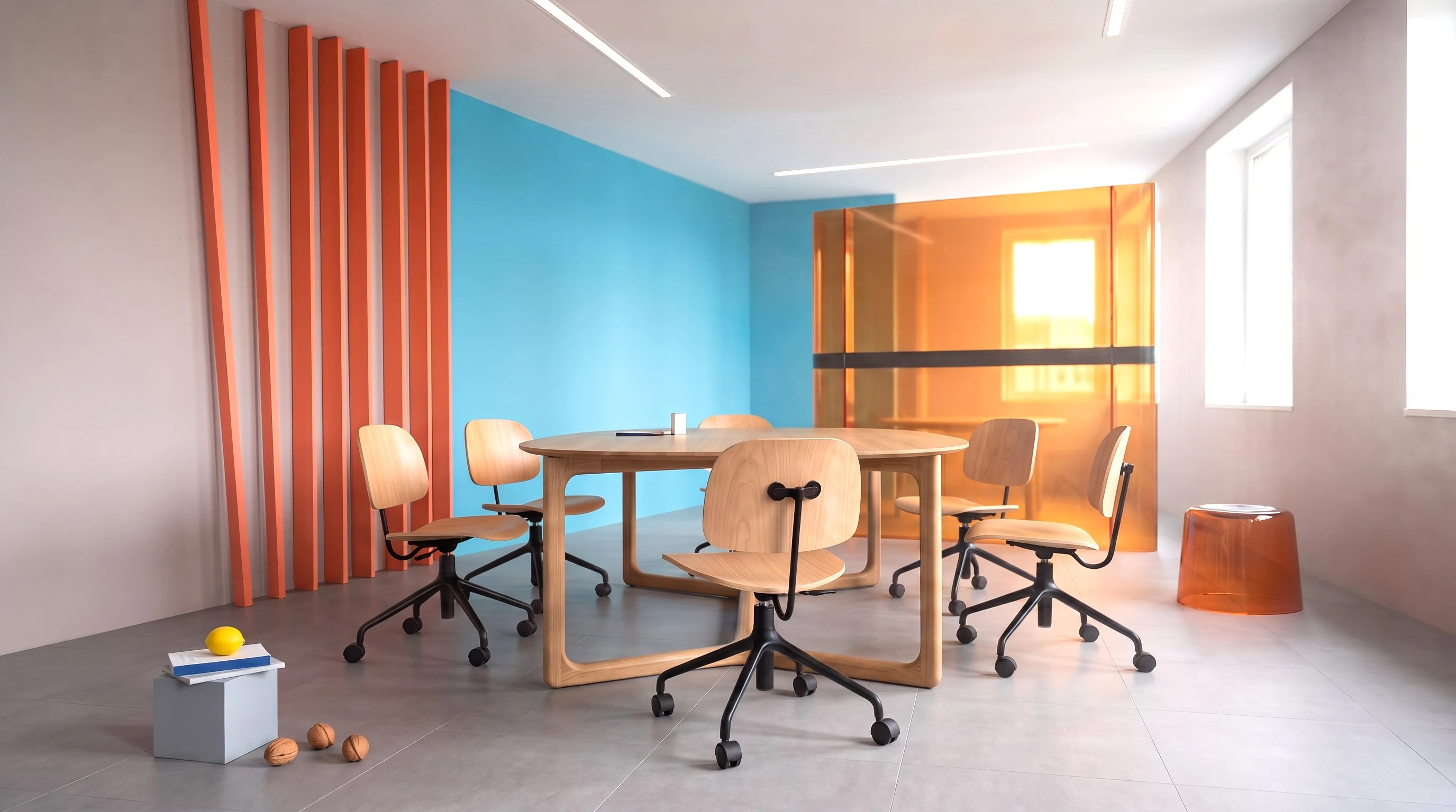 Cadeiras Nômia Office ao redor de mesa de madeira em sala de reunião com ripas laranja e azul