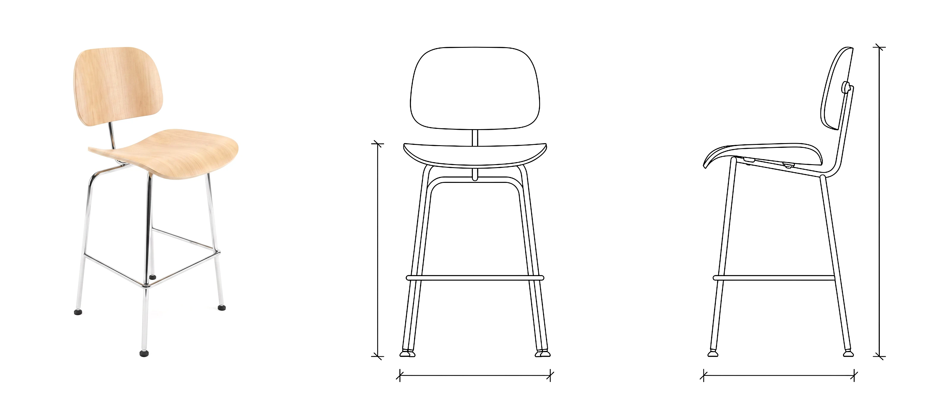 Banqueta Nômia com estrutura em aço tubular, apoio para os pés e assento e encosto em madeira, em perspectiva e desenho técnico de frente e de lado, com linhas de cota de largura, profundidade, altura do assento e altura total