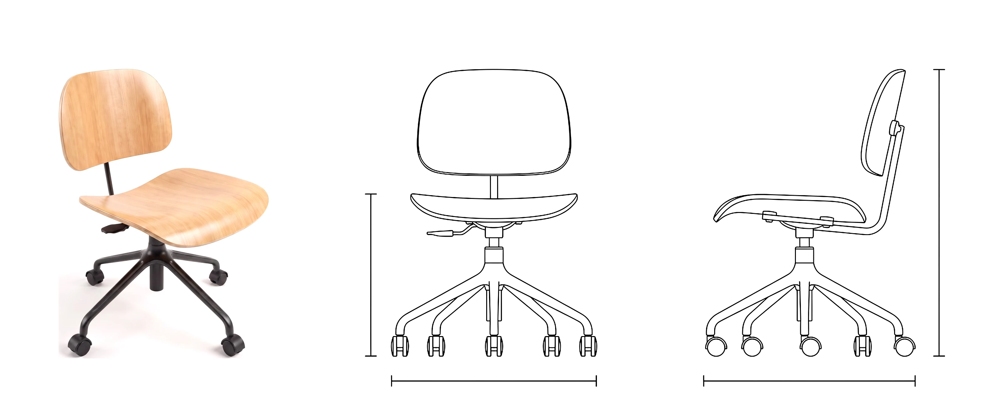 Cadeira Nômia Office com estrela de alumínio e rodízios, em perspectiva e desenho técnico de frente e de lado, com linhas de cota de largura, profundidade, altura do assento e altura total
