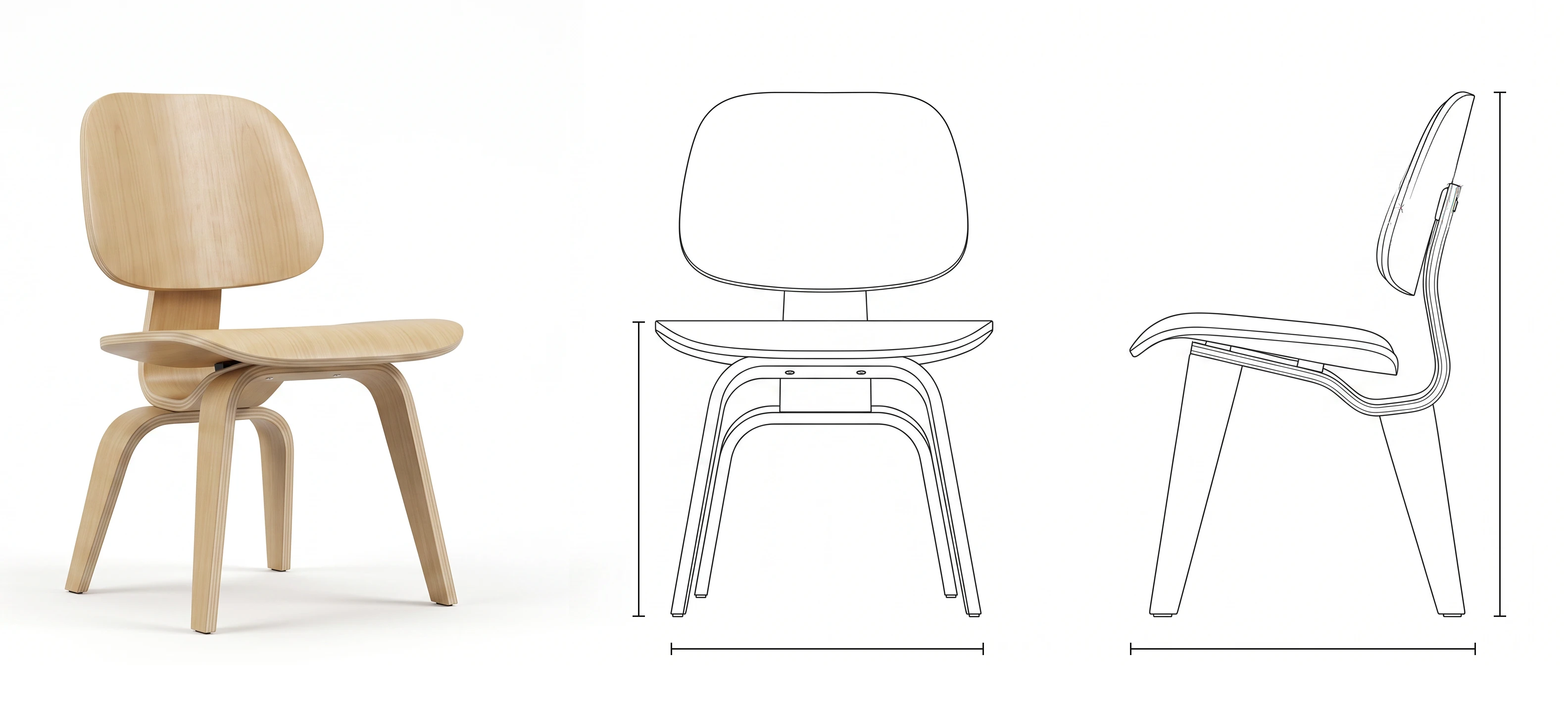 Cadeira Nômia Wood, inteiramente em compensado com lâmina natural, em perspectiva e desenho técnico de frente e de lado, com linhas de cota de largura, profundidade, altura do assento e altura total